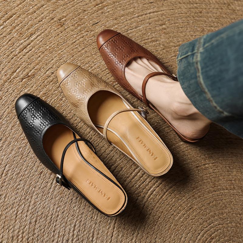 Fashion 2025 NEW Summer Women Mules Genuine Leather Women Shoes Square Toe Chunky Heel Cover Toe Slingback Sandals Modern Slippers