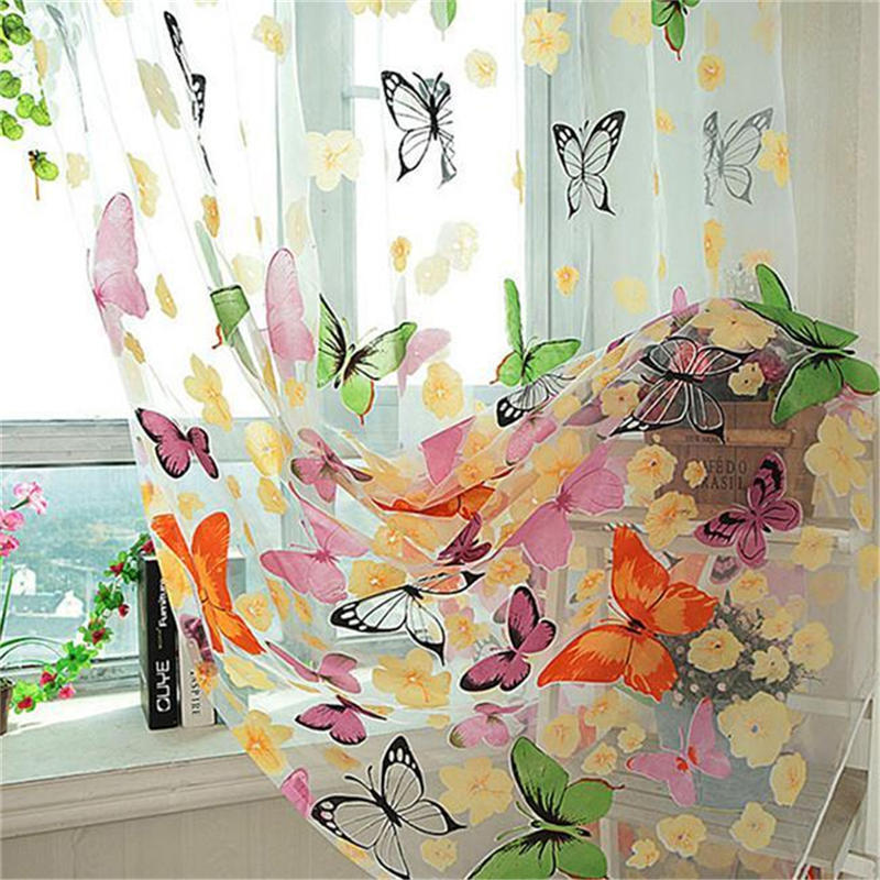 1Pc New Floral Butterfly Sheers Curtains Voile Tulle Door Window Curtain Valance
