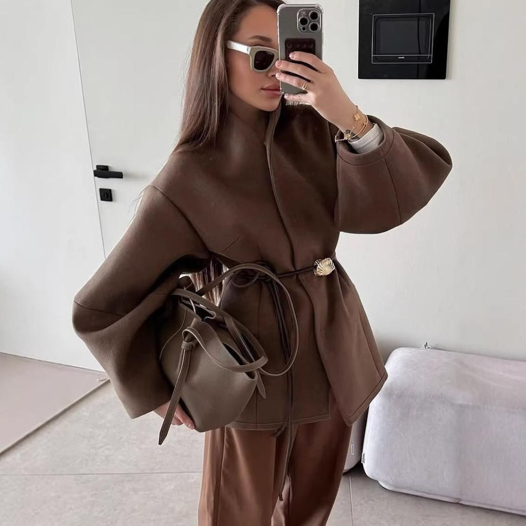 Women's Coats - Spring Autumn Women's Brown Waist Cinched Wool Coat, Elegant Fashion High-end Design Woolen Outwear for Ladies