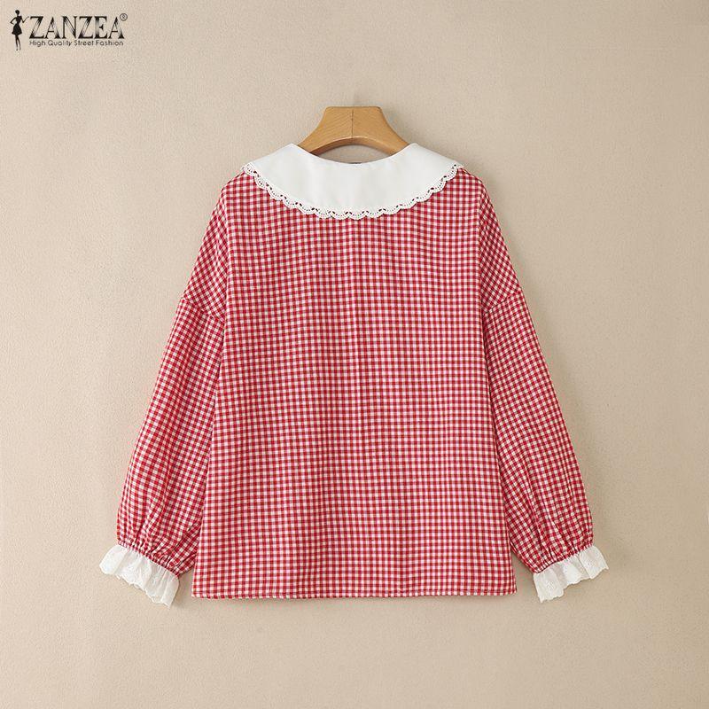 ZANZEA Women Floral Splice Doll Collar Casual Long Sleeve Plaid Print Blouse