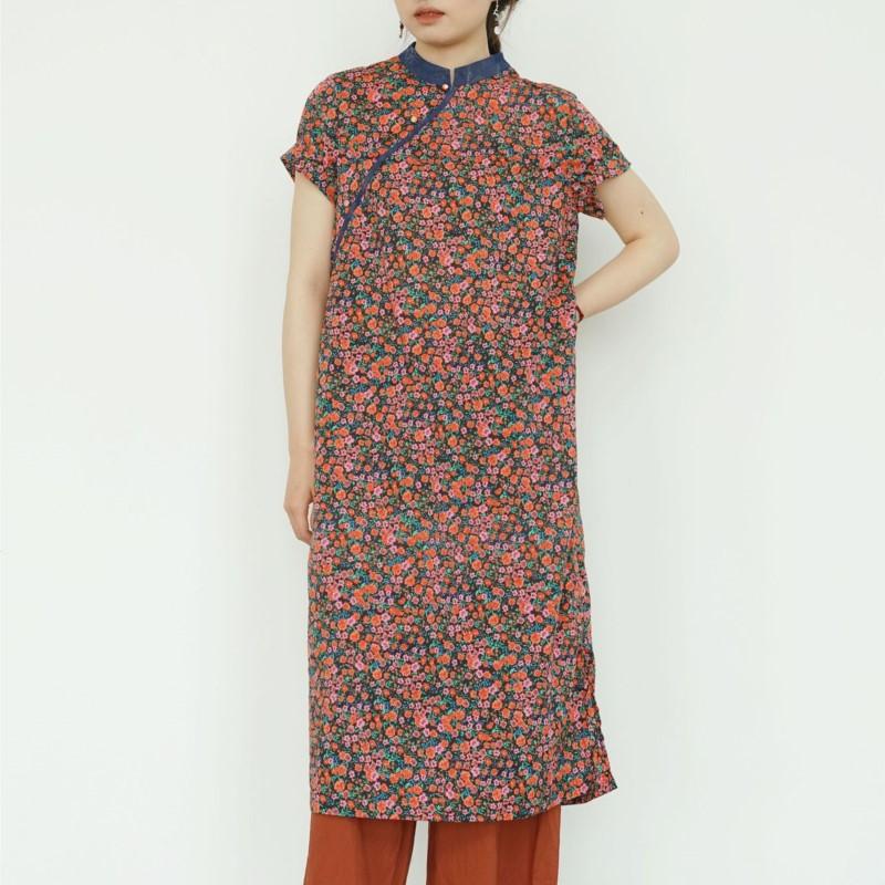 Johnature Women Vintage Print Floral A-Line Dresses Cotton Stand Short Sleeve Summer Chinese Style Dress