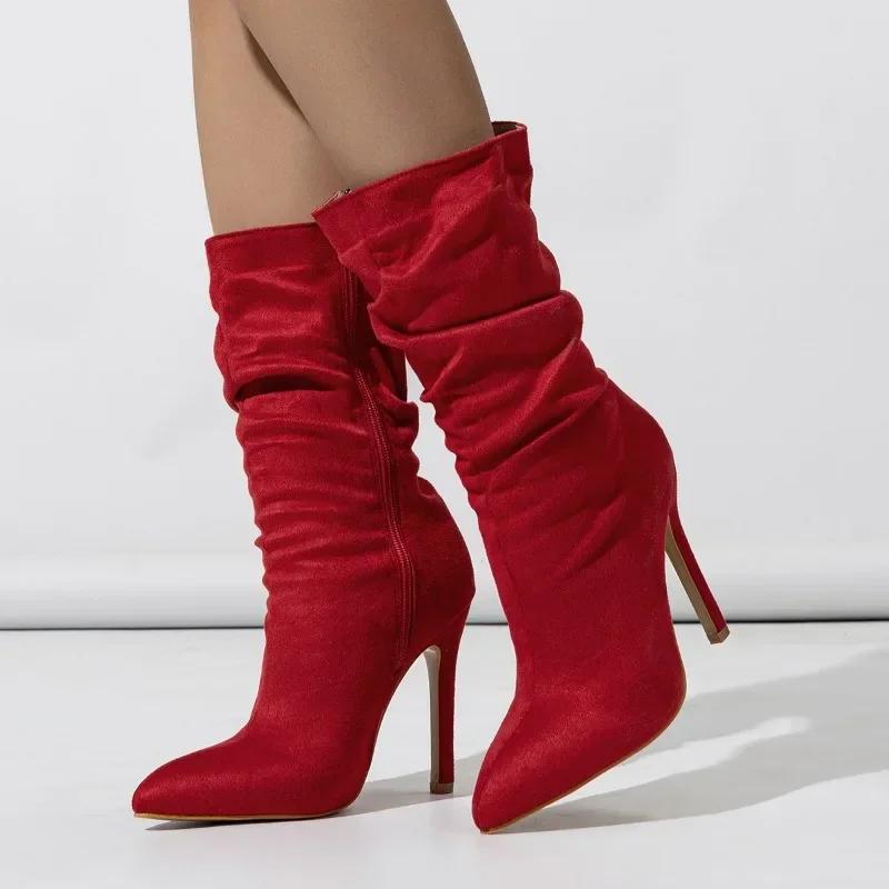 2024 Autumn New Zipper Ankle Boots Women Fashion Pleated Pointed Stilettos Prom Party Chelsea Shoes Short Boots Botas Mujer