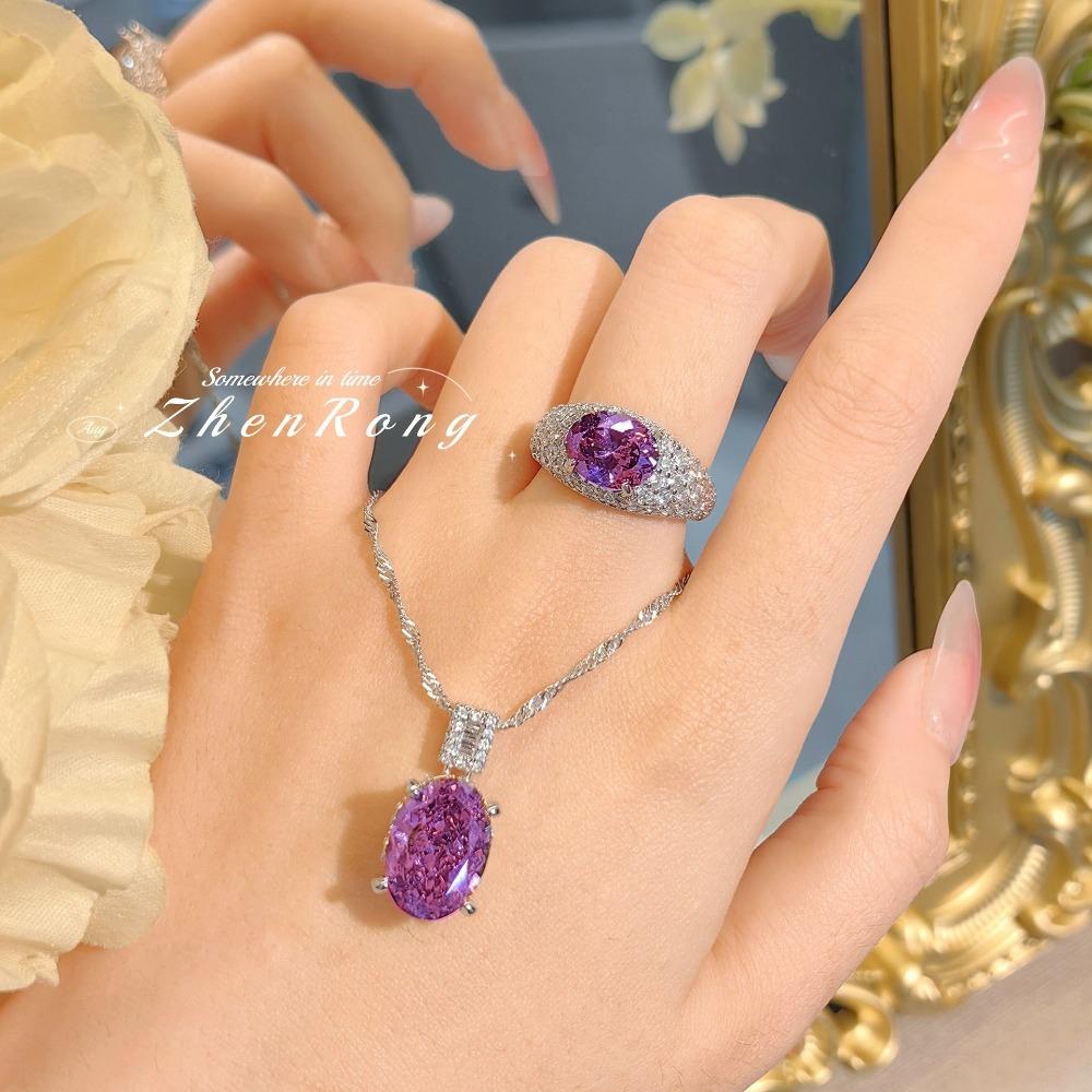 

Exquisite MicroPave Alexandrite Necklace Vintage Rose Cut Ring Set for Women Elegant Jewelry