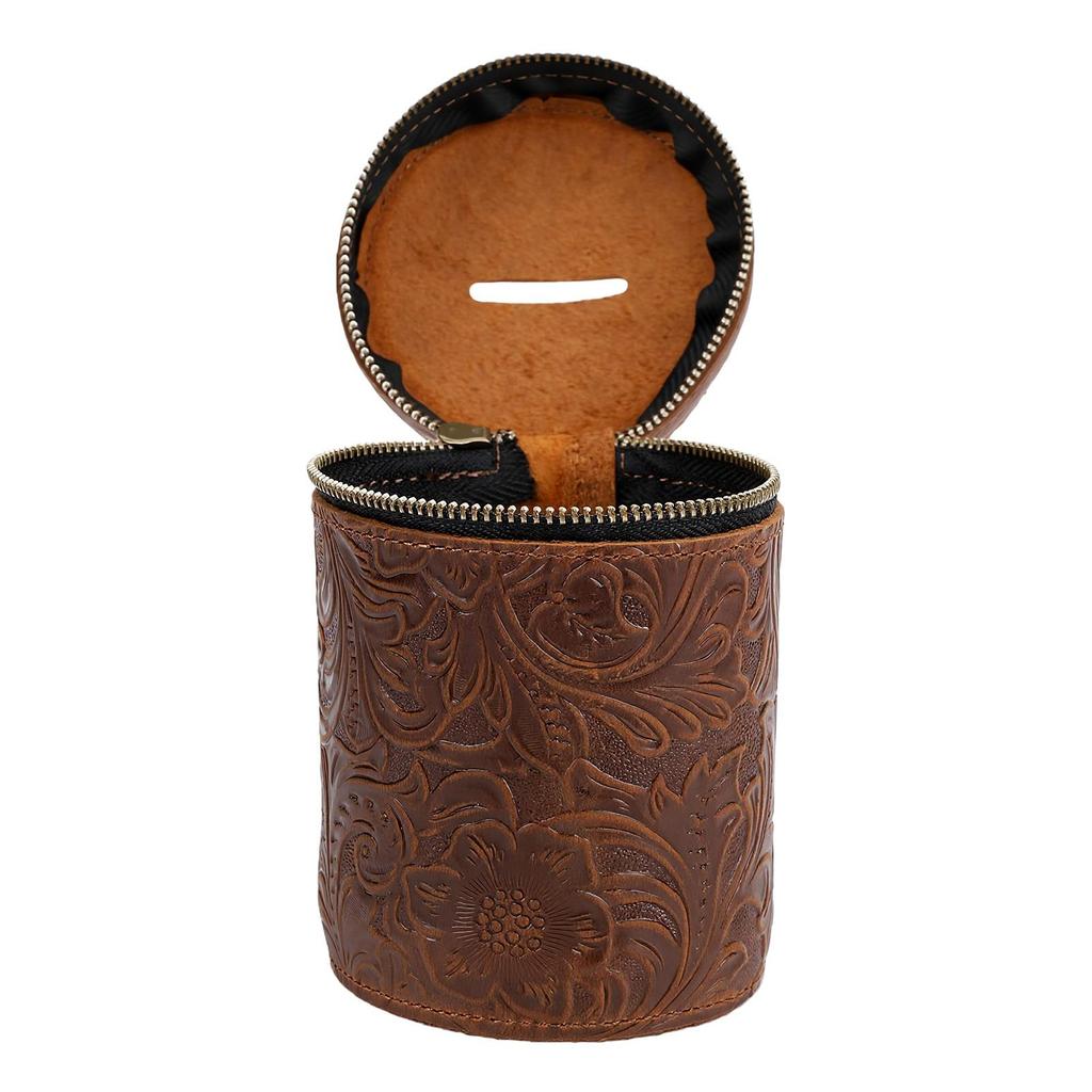 Bank Bucket Retro Carved Pattern Cylinder Portable Leather Zippered Bank