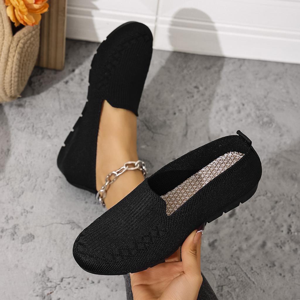 Flat Bottomed Round Toe Knitted Shoes, Women's Solid Color One Foot Walking Mesh Shoes, Breathable Daily Shoes