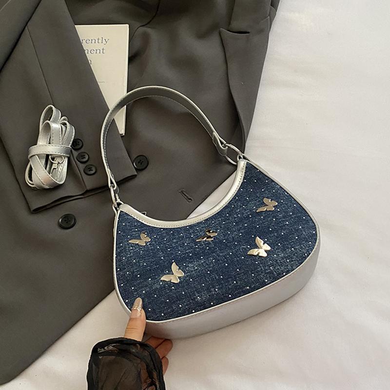 

Persalized Metal Butterfly Sequin One Shoulder Bag for Women Summer New Denim Half Mo Underarm Bags Versatile Crossbody Bag (20cm<Max Length<30cm) темно-синього кольору