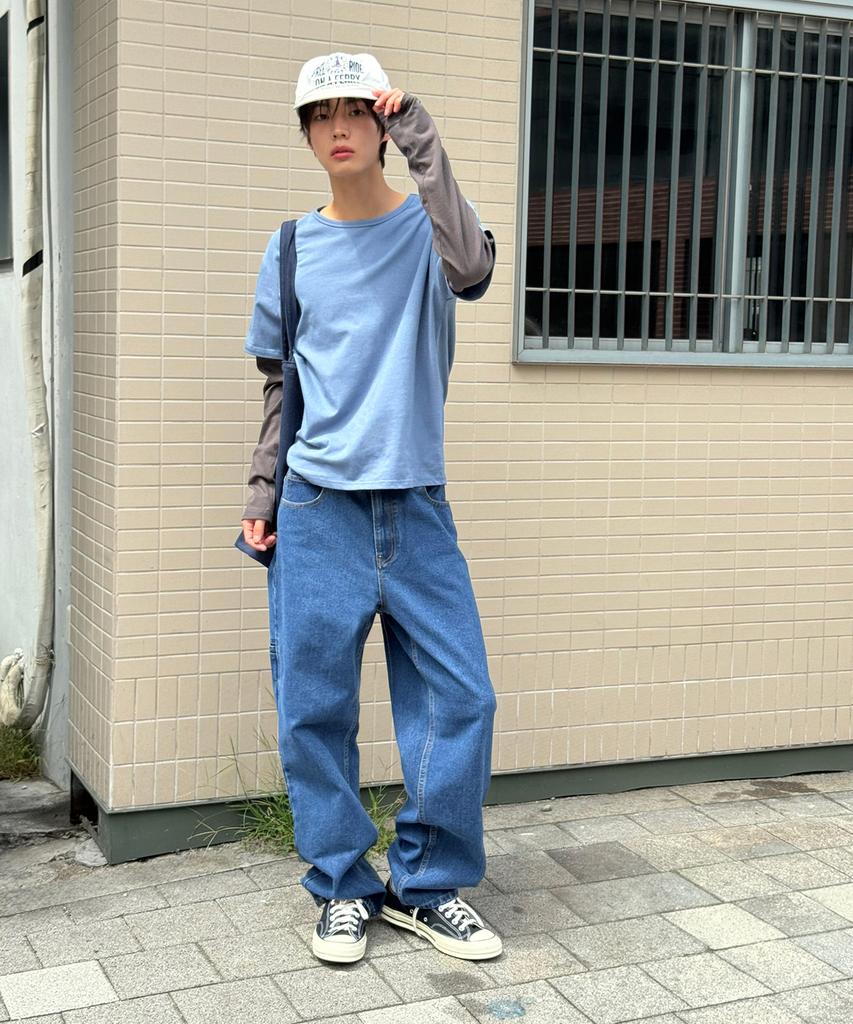 SIGNATURE Border Sleeve Layered Long Sleeve T-Shirt [Blue]