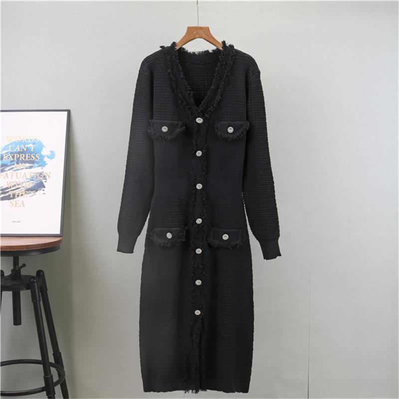 Autumn And Winter Knitted Dress For Women  V-Neck Tassel Solid Color Mid Length Skirt