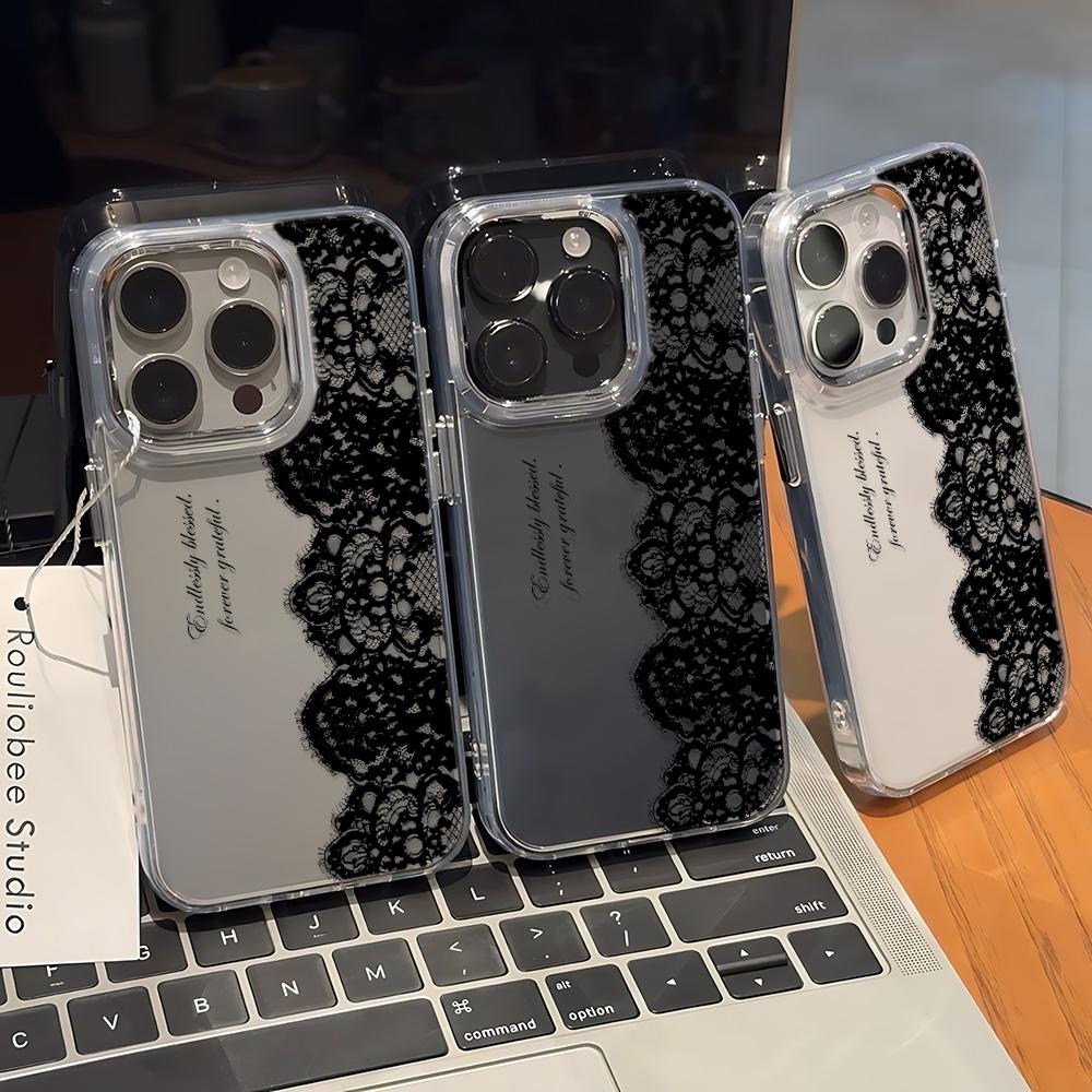 Lace Pattern Phone Case For Iphone 16 Pro Max 17 15 14 Plus 13 12 11 Air 17E 16E Cover Smooth Metal Photo Frame Funda Coque