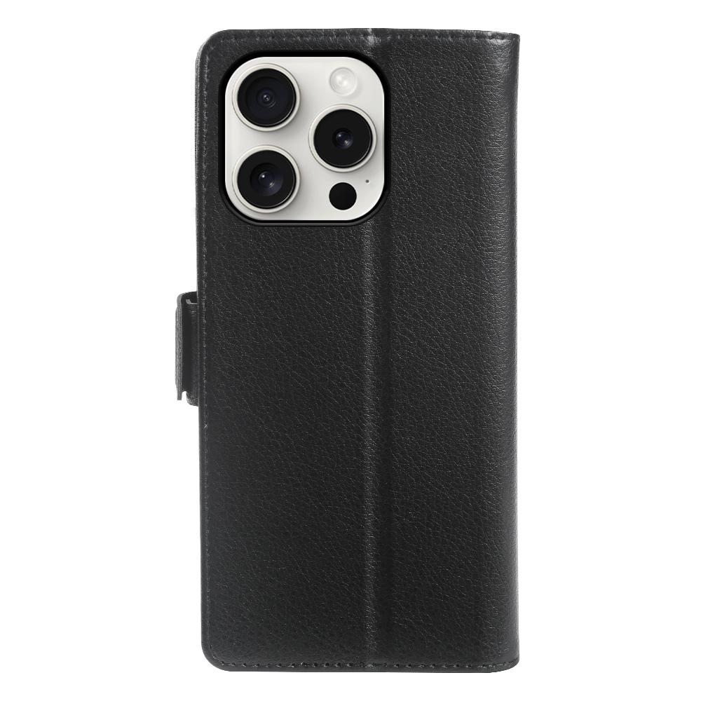 For iPhone 15 Pro Wallet Case with Dual Magnetic Clasp Litchi Textured Leather Flip Stand Phone Cover