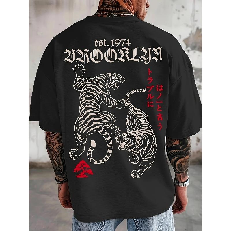 Men's Summer 100% Pure Cotton Fashionable Casual Loose Fit Plus Mountain Reflection Printed Round Neck Short Sleeved T-shirt Top