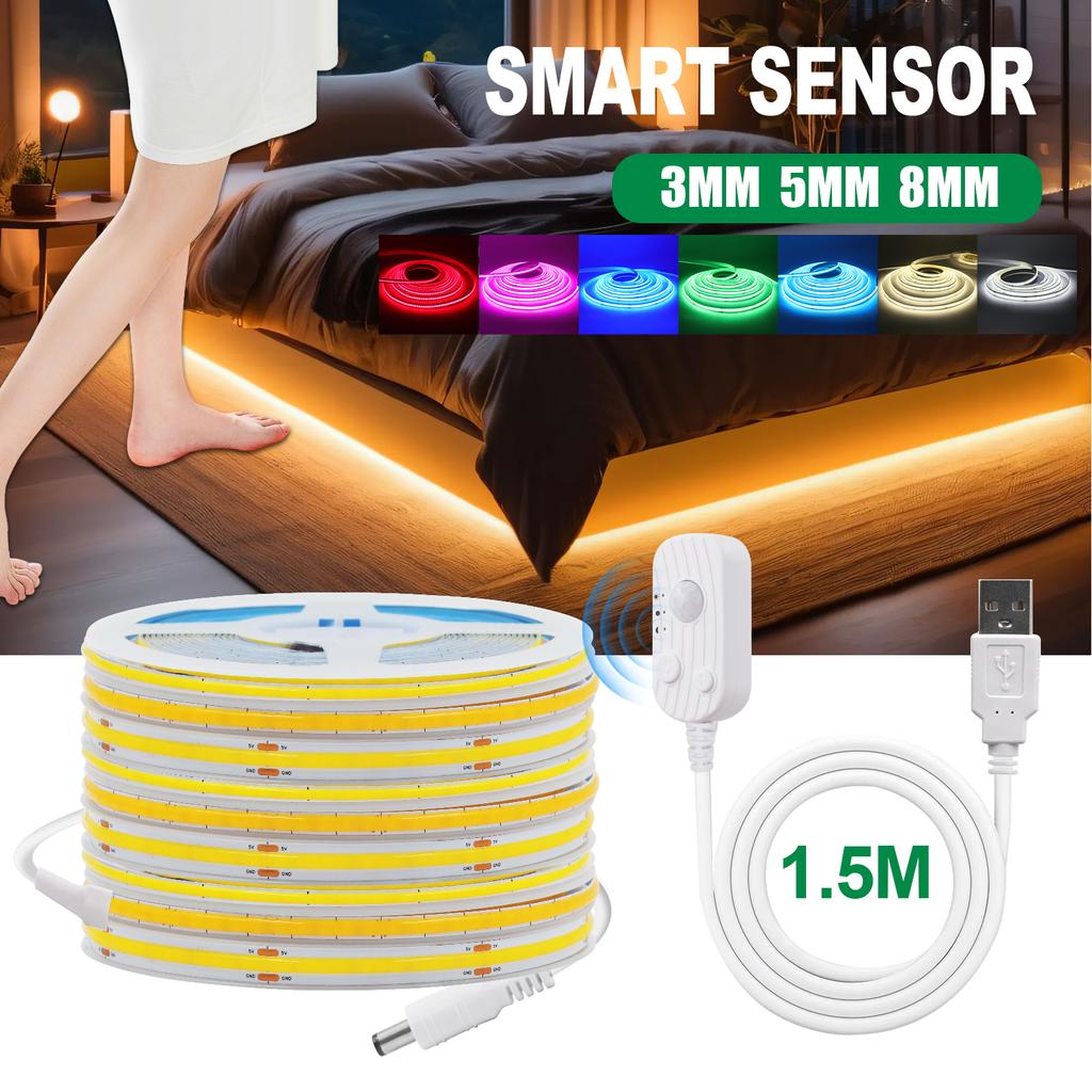 Motion Sensor 5V USB COB Strip 3MM 5MM 8MM Green/White/I Blue/Pink/Yellow/Pink Flexible Ribbon Rope Bedroom Home Decor Light
