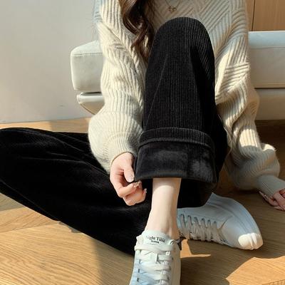Autumn Solid Warm Velvet Wide Leg Pants Women Capris Winter Thicken Loose Casual Chenille Pants Woman High Waist Fleece Ladies Corduroy Trousers 25426