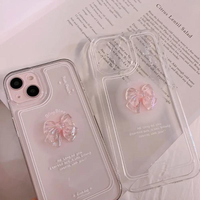 Lovely 3D Crystal Bow-knot Transparent Phone Case for iPhone17 16 15 14 13 12 11 Pro Shockproof Cover