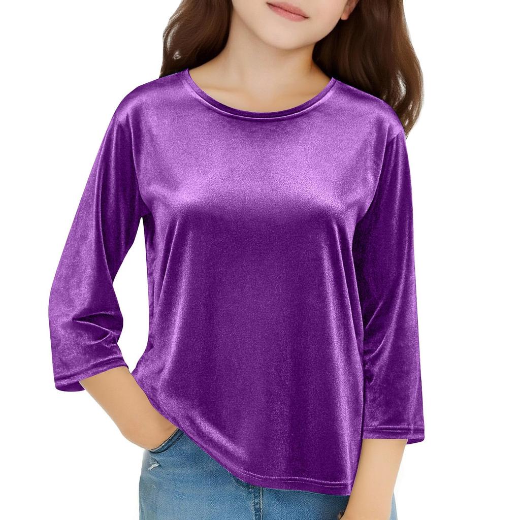 Girls Velvet Tops 3/4 Sleeve T-Shirts Velour Tees Shirts Color Basic Tshirts For Kids