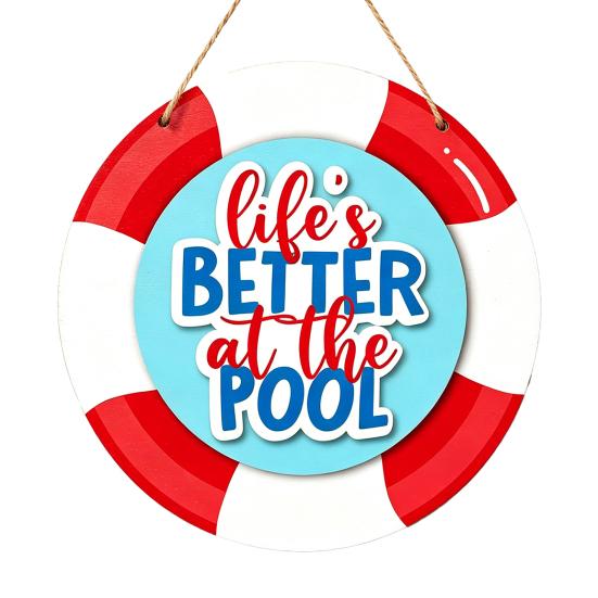 Swimming Pool Sign Summer Wooden Hanging Sign, Weather Resistant Solid Wood Plaque with Outdoor Wall Art Hemp Rope for Beach Party And Decoration