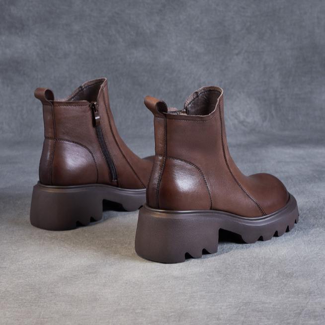 Johnature Thick Soled Genuine Leather Women's Boots British Style Round Toe Thick Heel Short Boots