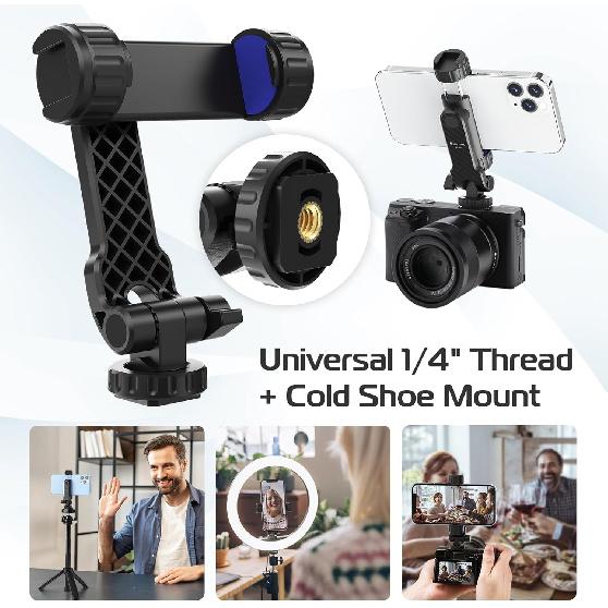 Cell Phone Tripod Mount, Universal Tripod Phone Mount with 2 Cold Shoes, 360° Rotates 180° Tilts Camera Hot Shoe Phone Mount Smartphone Tripod