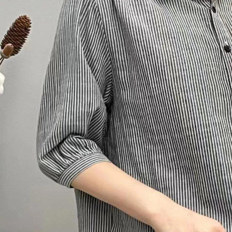 Womens Casual Red Stripe Linen Blend Button Down Shirt Summer Top