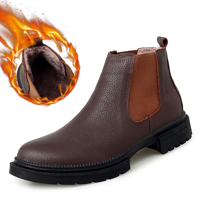 Newest Mens Boots Chelsea Fashion Shoes Winter Black Genuine Leather Platform Shoes Male Footwear Warm Plush Winter Motocross Boots