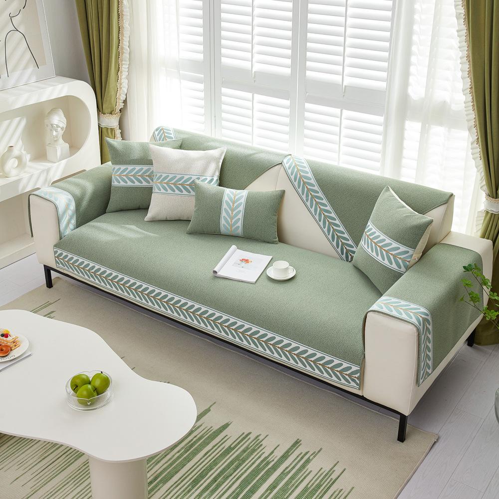 Sofa Cushion Four Seasons Universal Anti-Slip Tape Cushion Dustproof Leather Sofa Cover Backrest Cover Cloth Leaves