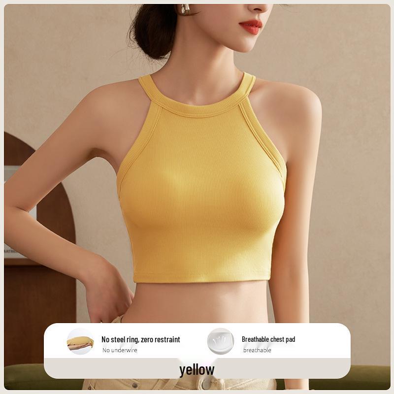 Halter Neck Sleeveless Crop Top with Chest Pads - Women's Beautiful Back Lingerie Bra & Summer Outerwear Belly-Baring White Top