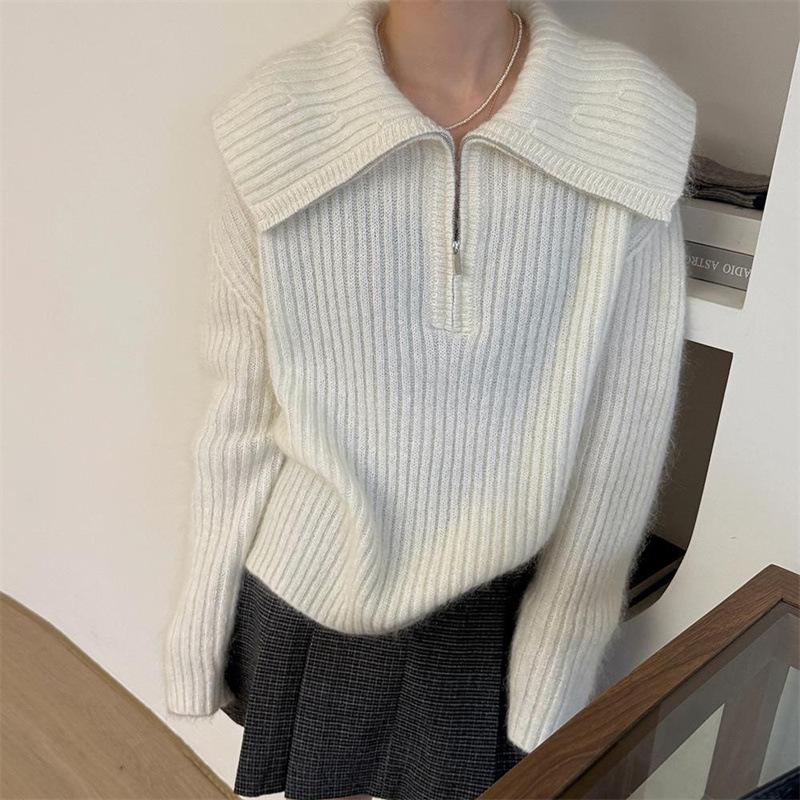 

Thickened loose design semi-zipper knitted sweater top lazy style gray camel wool knitted sweater women one size fits all