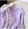 2025 Soft Purple Lace Bow Tie Knit Pullover for Spring & Autumn