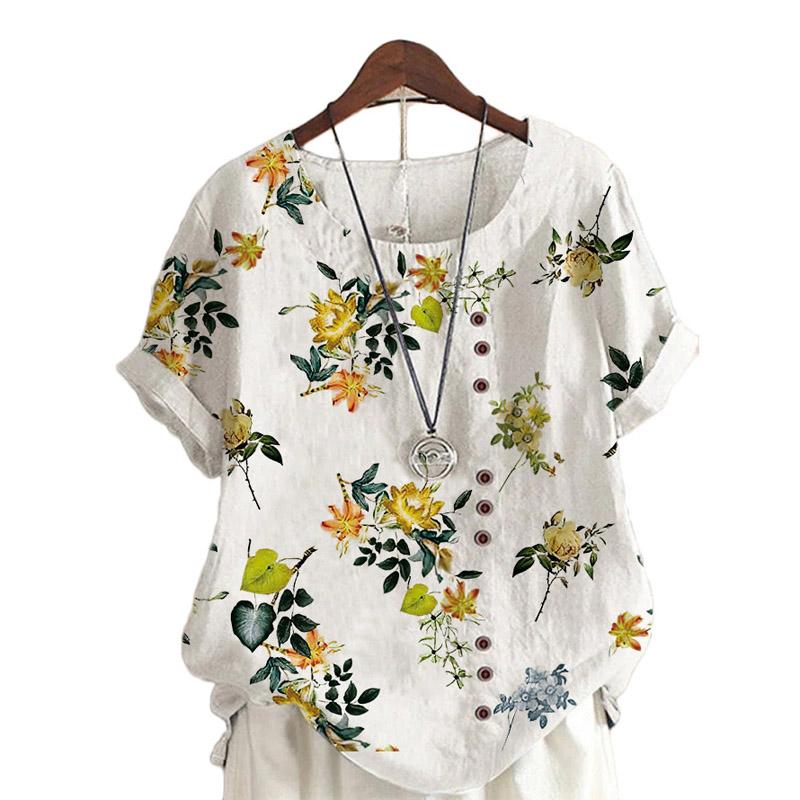 Sommer Uformell Retro bomull Lin Motetrykk Løs fritidsskjorte Kortermet allsidig T-skjorte topp for kvinner