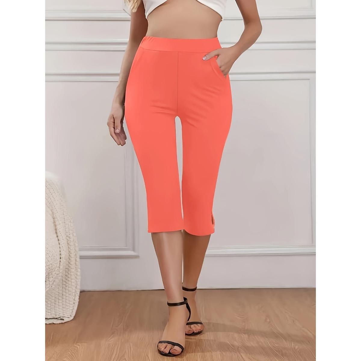 Women s High Waist Solid Capri Pants Slim Fit Split Hem Casual Cropped Trousers S оранжевый