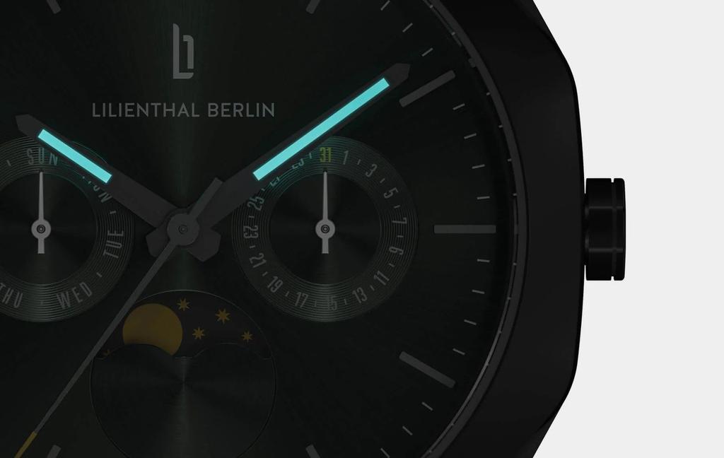 Lilianthal Berlin Faza Księżyca Dzień Data Wyprodukowany w Czarnym Zegarek Męski, Niemcy, OM2-003-B023CB,