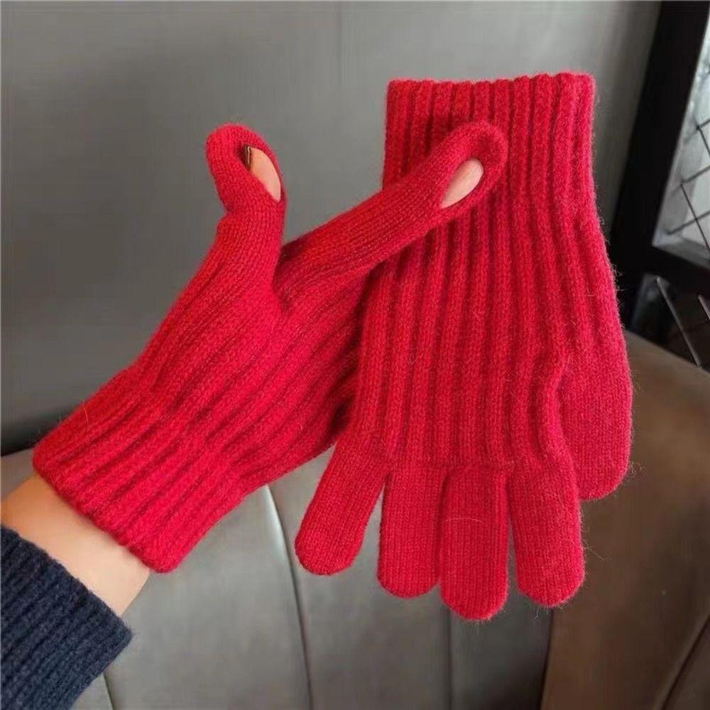 Windproof Full Finger Gloves Solid Color Cycling Mittens Winter Women's Knitted Gloves