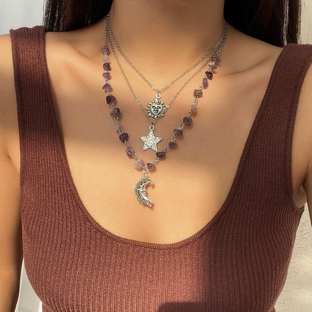 Bohemia Retro Irregular Colorful Crushed Stone Sun Stars Moon Dragonfly Butterfly Pendant Multi-layer Necklace for Women Jewelry