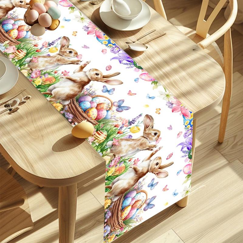 Vintage Easter Bunny Table Runner Polyester Rabbit Eggs Flower Table Flag Easter Decorations For Home Kitchen Dining Table Decor