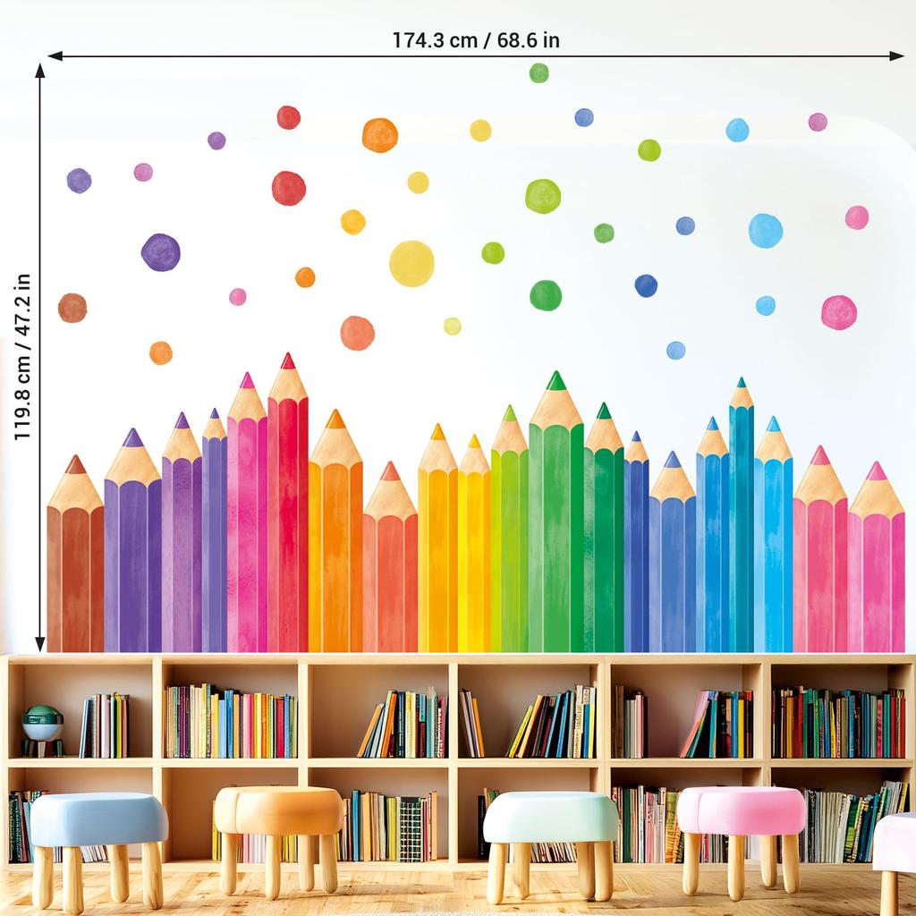 DECOWALL Extra Large Colored Pen Wall Giant Rainbow Crayon Kids Playroom Removable DIY Infant Gift Stickers, Border, Room, Kindergarten, Preschool,