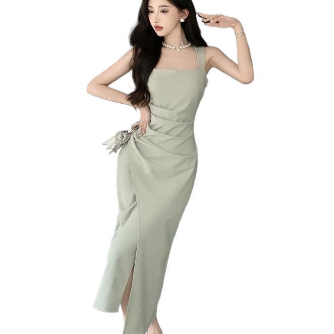 Elegant Satin Square Neck Pleated Camisole Bodycon Dress - Women's Slim Fit Long Summer Dress, New Arrival.