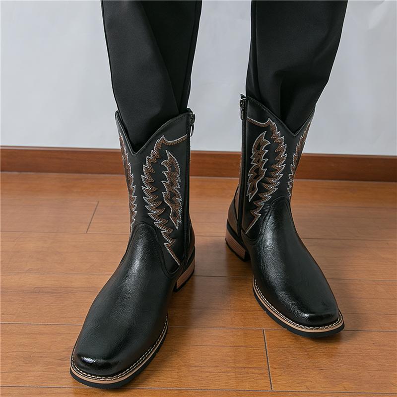 Luxury Fashion New Designer Men's Western Cowboy Boots Men's Patchwork Embroidery Mid-calf Leather Boot Casual Shoes for Men