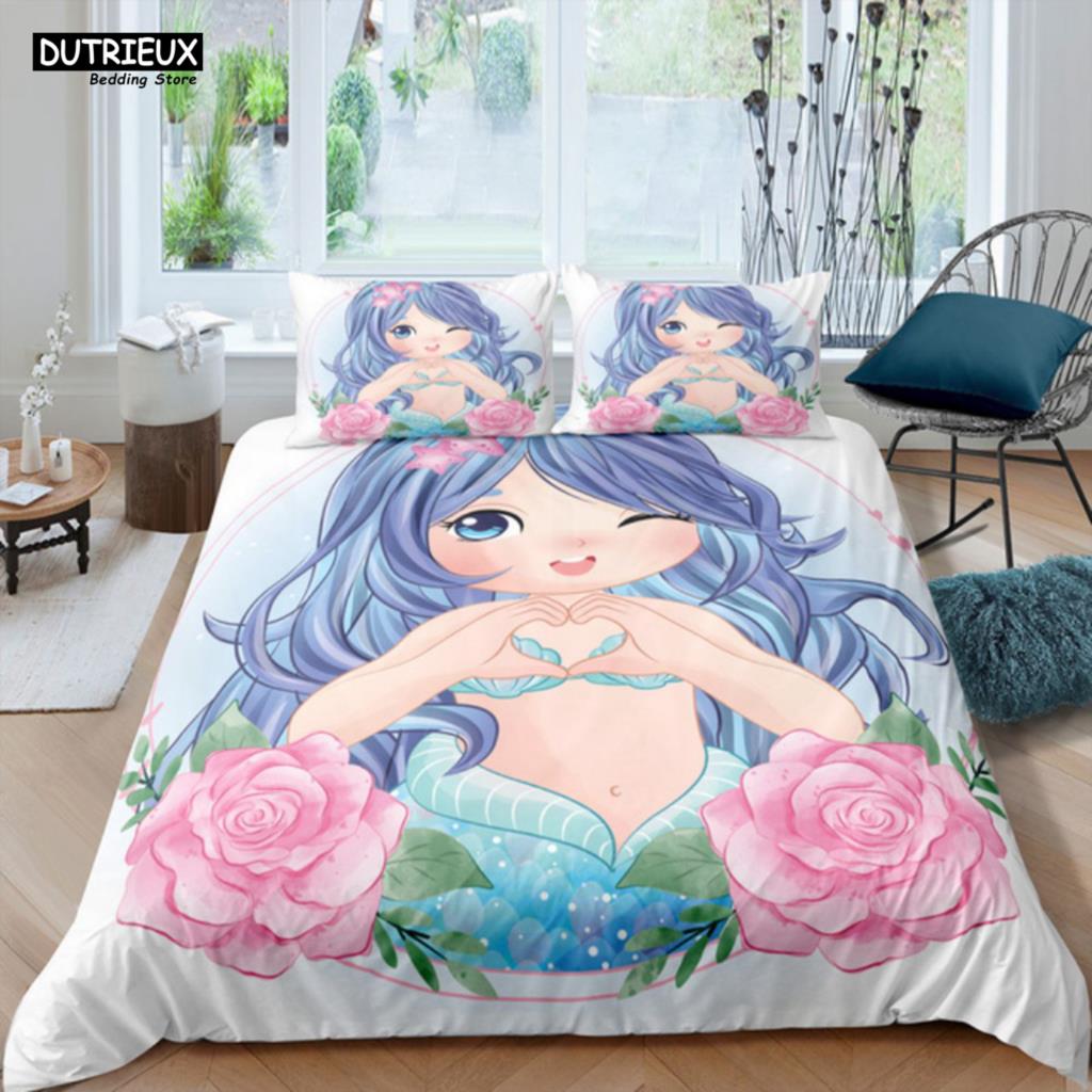 Cartoon Blue Mermaid Duvet Cover Beautiful Girl With Unicorn Bed Cover Single Double Queen King Twin Size Bedding Set For Kids