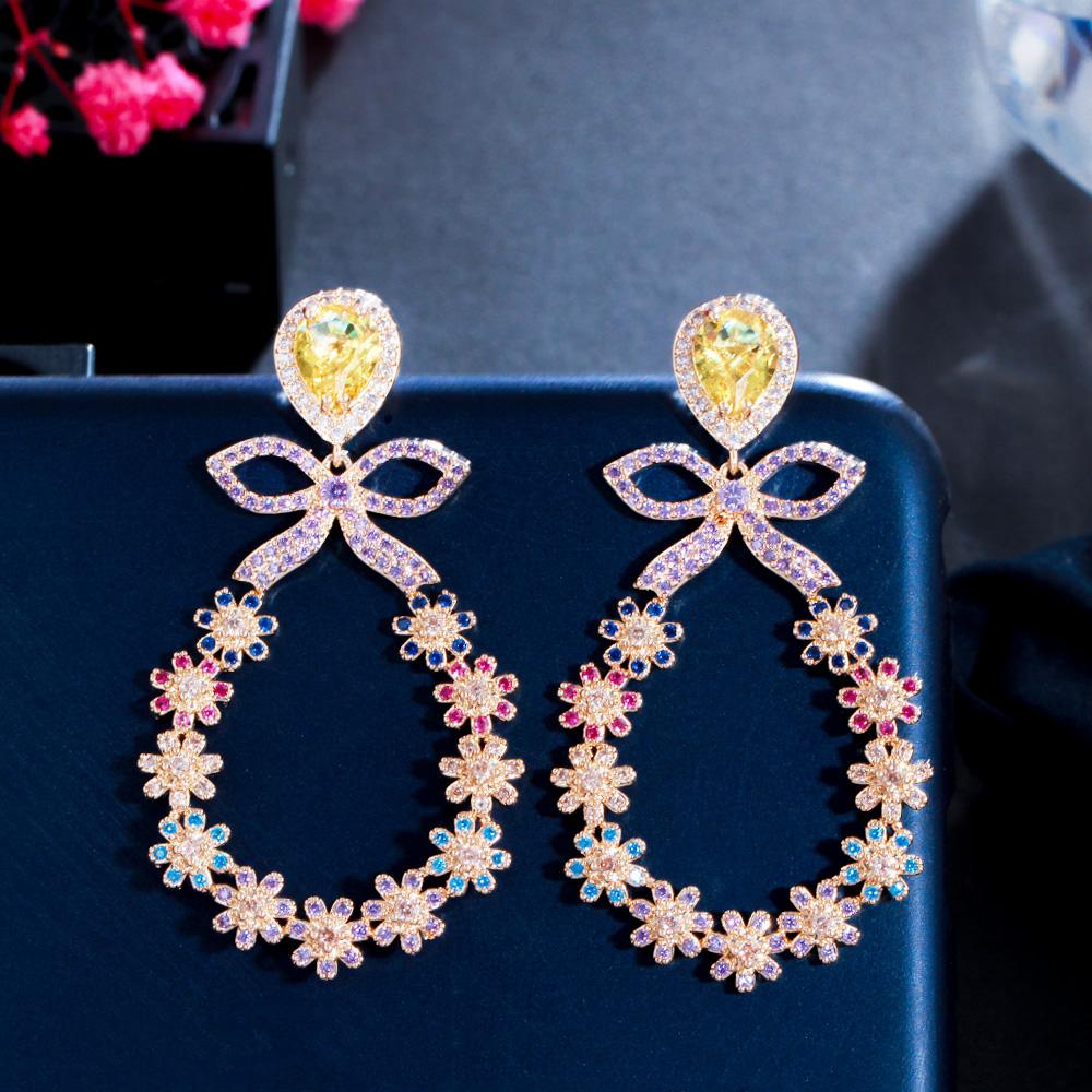 WWJ Graceful Gold Color Multicolor Cubic Zirconia Bowknot Flower Drop Earrings