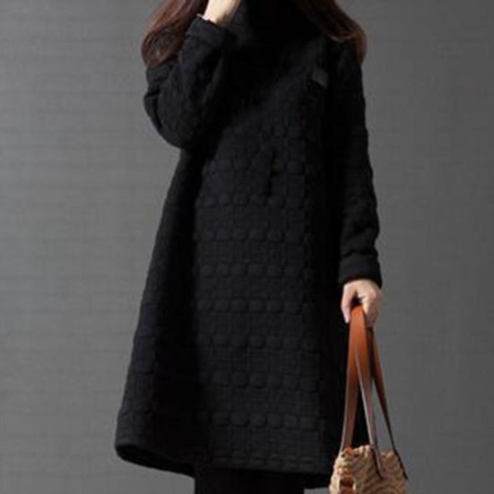 Lady Dress Solid Color Stand Collar Casual Loose Knee Length Winter Dress for