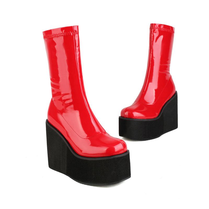 Foam Light-weight Sole Platform Wedges High Heels Girls Shoes Gloss Patent PU Leather Red White Ankle Stretch Booties Gothic Women Black Boots