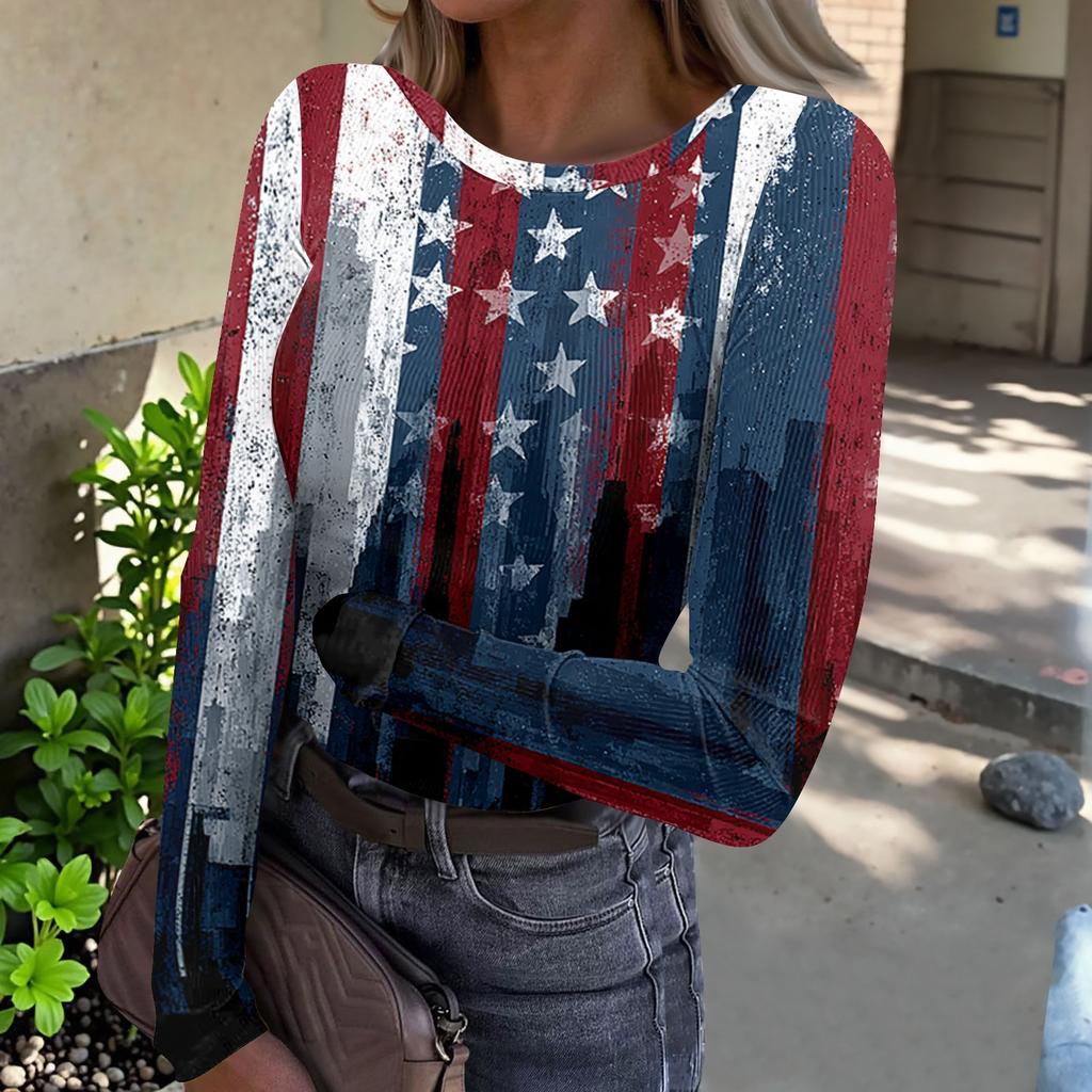 Damen Freizeit Langarm Rippstrick Oberteil Rundhals Pullover Amerikanische Flagge Print Leicht Dehnbares Shirt für den Alltag