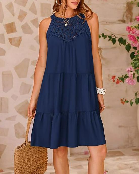 European-American Women's Lace Patchwork Halter A-Line Dress - Spring/Summer 2025 Collection