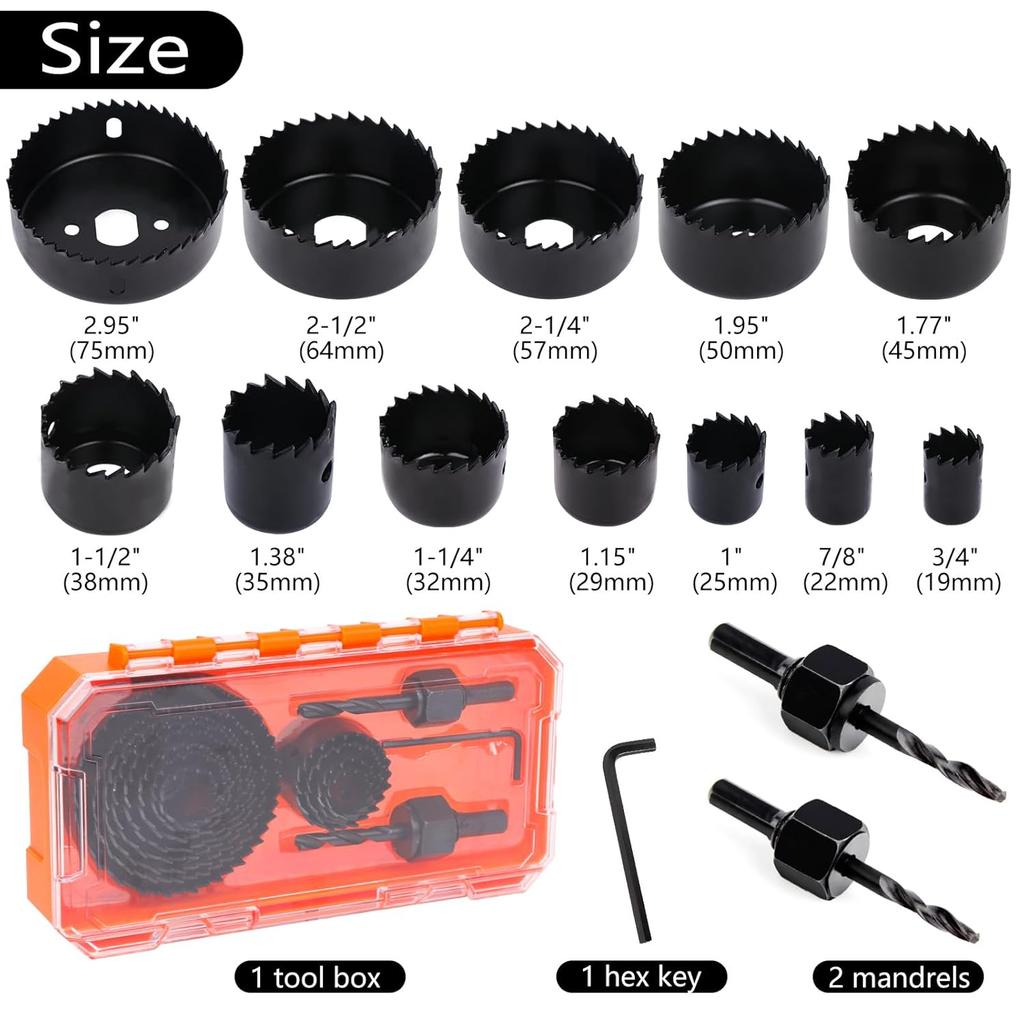 Hole Saw Kit, 15pcs Hole Saw Set with 3/4" To 2.95"(19mm-75mm) 12 PCS Saw Blades, Mandrels, Hex Key, 2024 Upgraded Hole Saw for PVC Board, Wood and