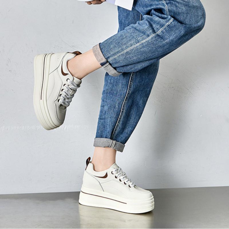 8cm  New Genuine Leather Chunky Sneakers Vulcanize Autumn Thick Soled Pumps Women Platform Wedge Fashion Ladies Spring Shoes