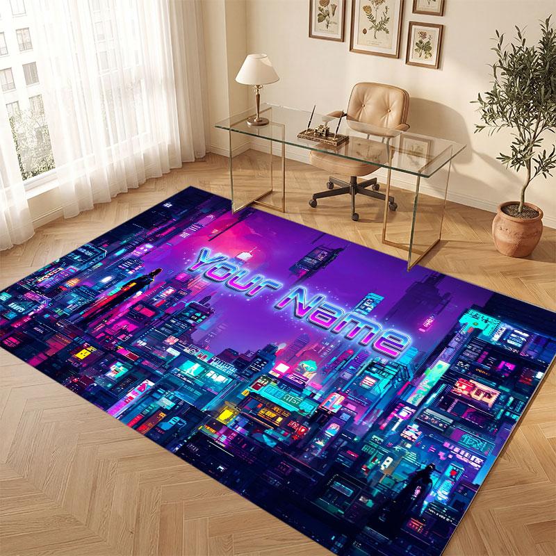 City Cyberpunk Theme Crystal Velvet Floor Rug Personalized Custom Name Text Warm Carpet Home Decoration