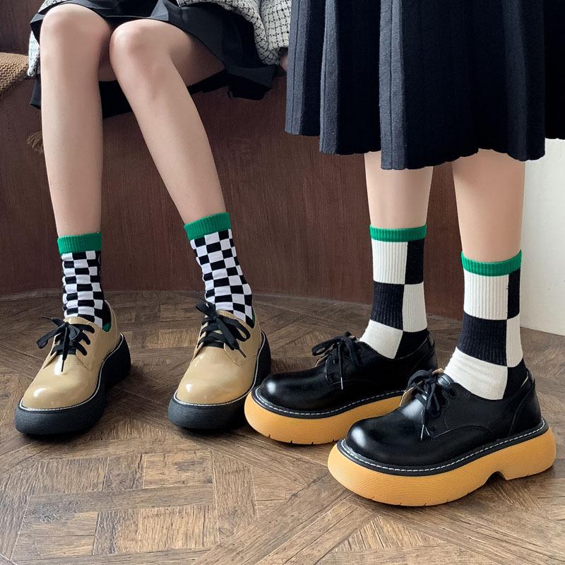 5/10 Pairs Green Checkered Black and White Pattern Mid Calf Socks Trendy Brand with Smiling Face Color Blocked Stripes Collegiate Style Cotton Socks