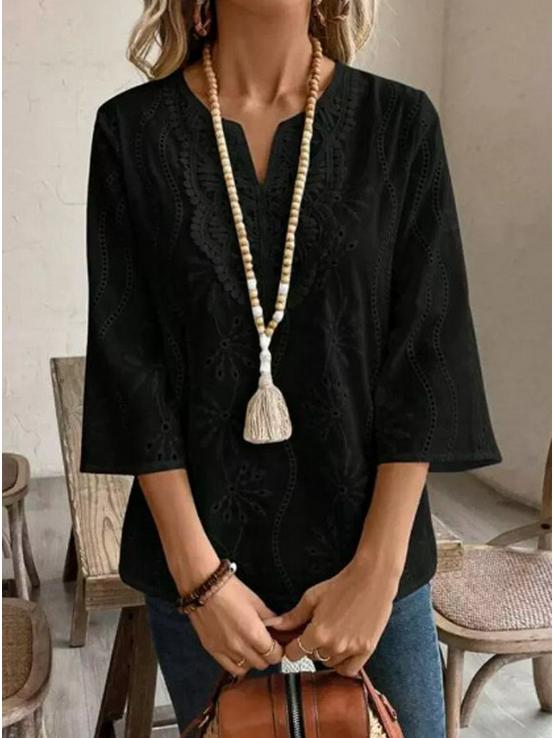 2025 Summer Loose V-Neck Lace Embroidered Women's Pullover Shirt