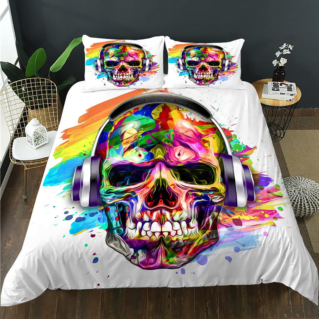 Schädel Rose Skelett Thema Bettbezug Set Polyester Bettdeckenbezug mit Kissenbezug für Kind Junge Teenager King Queen Size Bettwäscheset