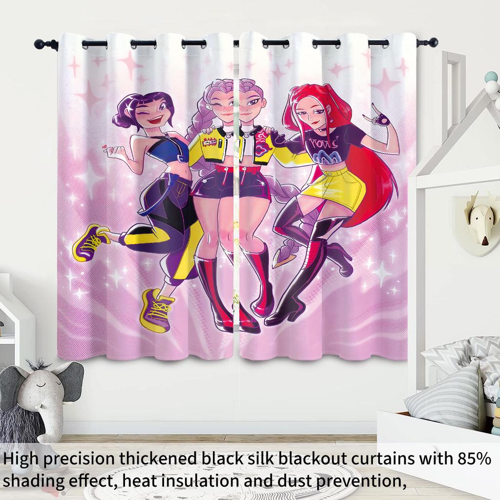 2 st K-Pop Demon Hunters Tryck Perforerade Mörkläggningsgardiner Flera Storlekar Vardagsrum Isolering Dekoration, Maskintvättbara